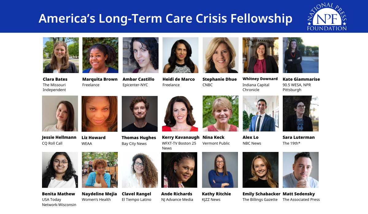 NatPress's tweet photo. Congratulations to the 21 journalists selected for NPF’s America’s Long-Term Care Crisis Fellowship! Fellows will gather in Washington, D.C. Oct. 1-4 to examine long-standing challenges that family caregivers &amp; long-term care workers face. https://t.co/GVObpI98I3 https://t.co/UaeBaWxH0s