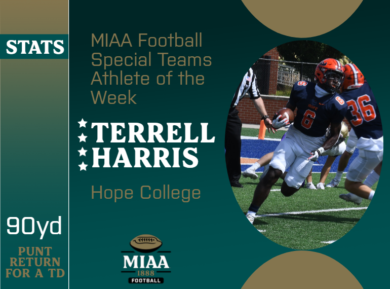 #D3MIAA Football Athletes of the Week | September 11, 2023 🏈

Offensive:
Chance Strickland, <a href="/HopeAthletics/">Hope College Athletics</a> 
miaa.org/x/o0j75

Defensive:
Preston Marlatt, <a href="/AlmaScots/">Alma College Scots</a> 
miaa.org/x/dip3n

Special Teams:
Terrell Harris, <a href="/HopeAthletics/">Hope College Athletics</a> 
miaa.org/x/0xx7u

#MIAAfb