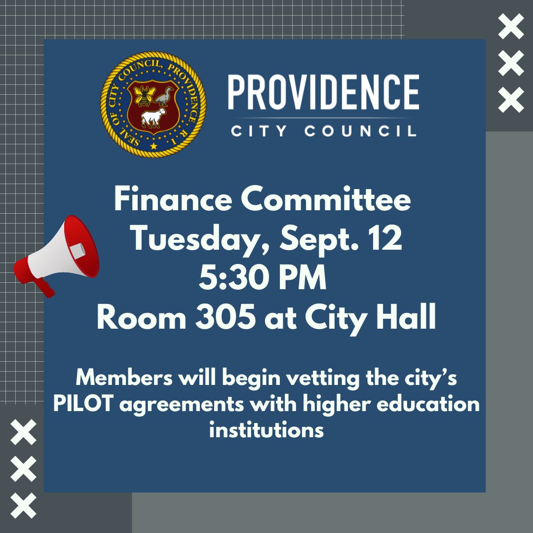 Happening tonight! Watch the Council in action as members review the city's PILOT (payment in lieu of taxes) agreements with Brown, PC, RISD, and J&W. Check out the finance committee here on our YouTube channel
⬇️ 
youtube.com/@ProvidenceCit…