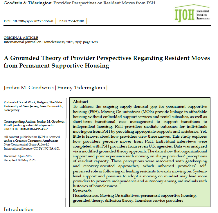 NEW ARTICLE! Available now as open access, online first at: ojs.lib.uwo.ca/index.php/ijoh… Jordan Goodwin and @emmytiderington have developed a grounded theory based on resident experiences in permanent supportive housing, as an exit from homelessness