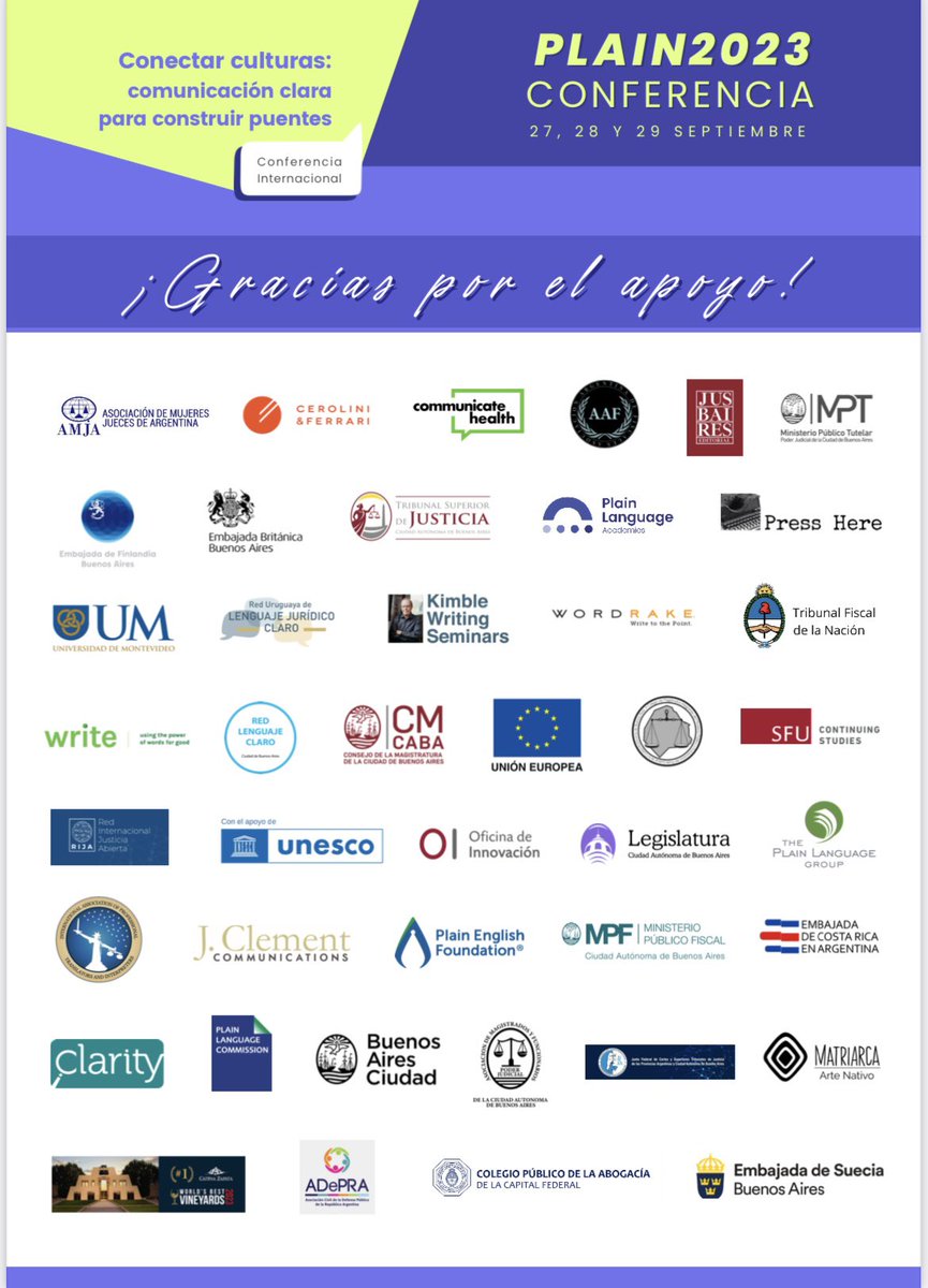 👏Muchas gracias a todas las instituciones que apoyan la 🏛️conferencia #Plain2023 #LenguajeClaro 

Cada vez falta menos para encontrarnos en <a href="/DerechoUBA/">Facultad de Derecho</a>‼️