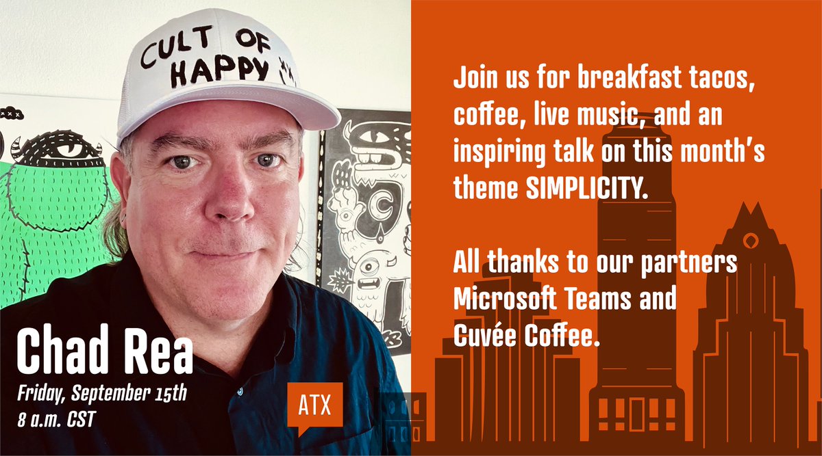 CM_Austin's tweet image. This Friday, artist @ChadRea will speak on the theme of SIMPLICITY. Register now: buff.ly/3YWScCl #CMsimplicity #CMATX