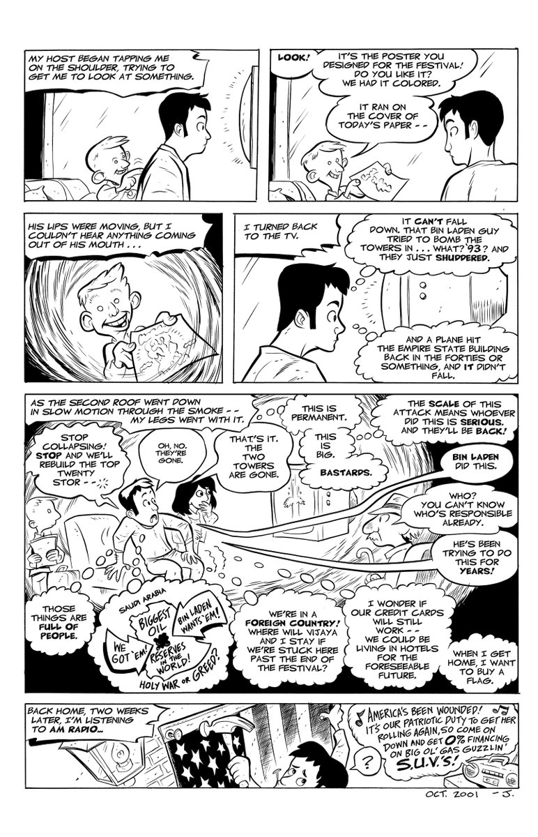 9/11/01, Jeff&Vijaya had just arrived in Norway for a comics festival in Bergen. Illustrating the experience of what it was like to be far from home that day, these original pieces were donated to the '9-11: Emergency Relief' GN,a fundraiser for the American Red Cross.