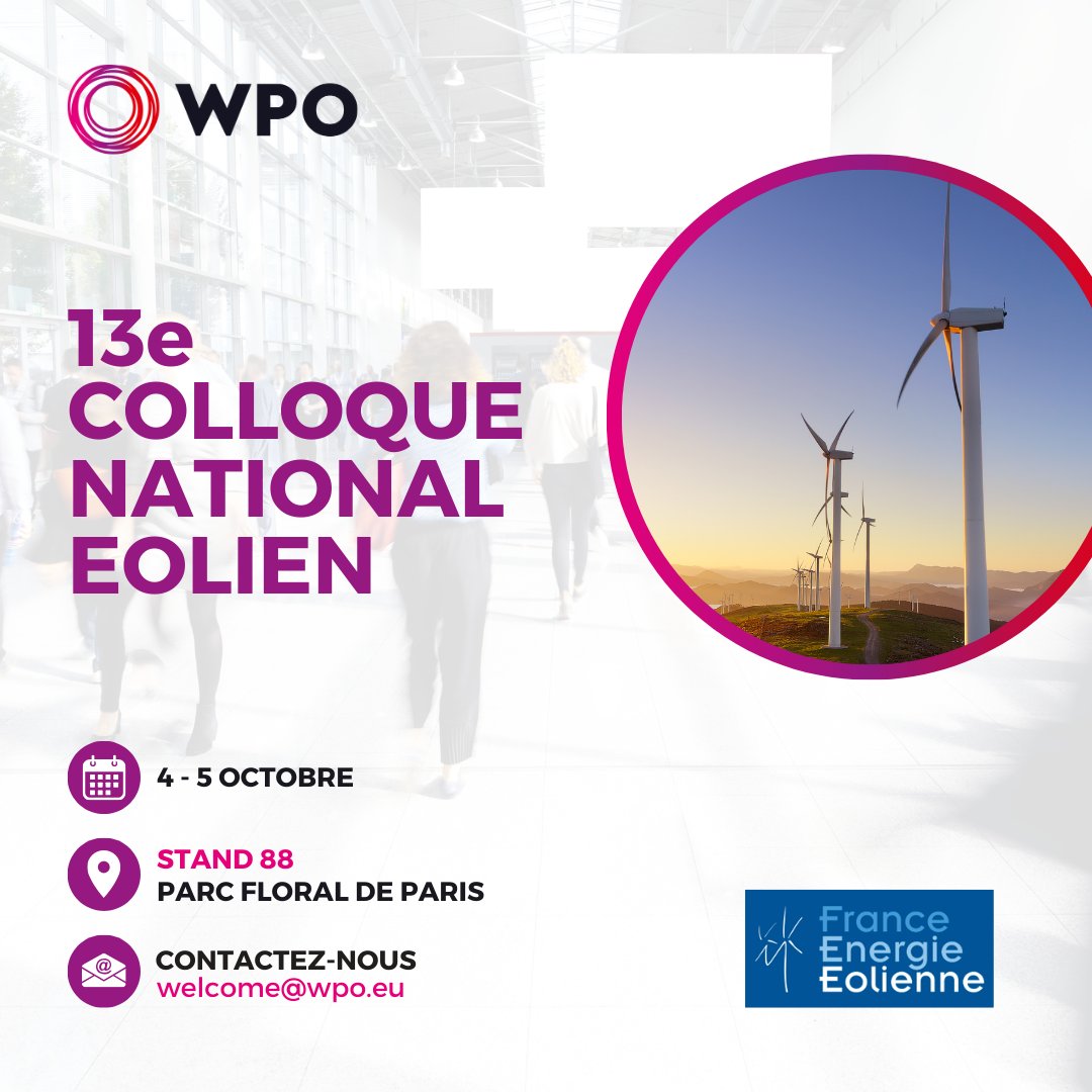 [J-15]

📣 <a href="/WPO_EU/">WPO</a> participera au 13e Colloque National Eolien organisé par la <a href="/feeasso/">feeasso</a> les 4 et 5 octobre au Parc Floral de Paris.

Venez échanger avec notre équipe au stand 88.

#WPO #CNE2023