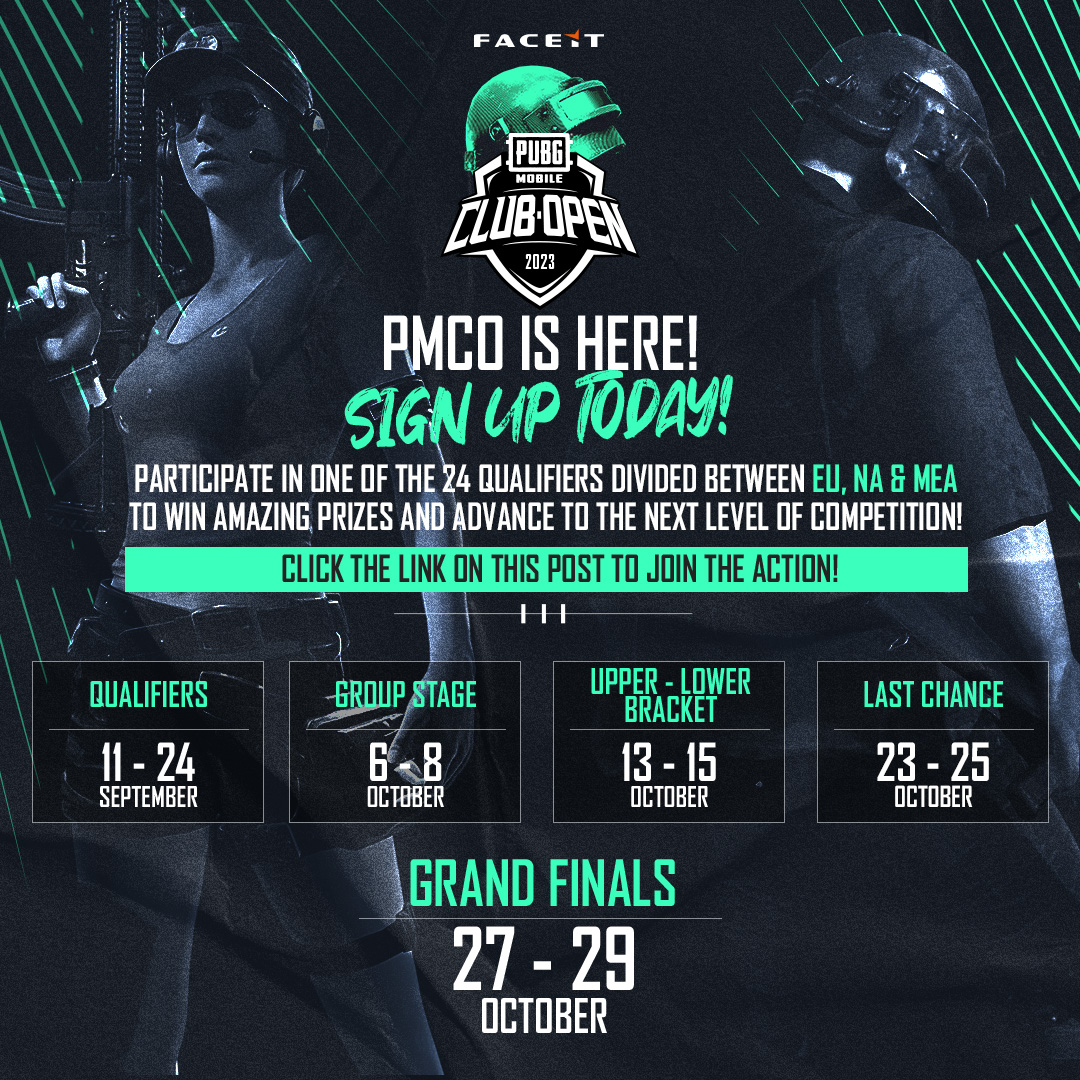 Win your share of $60,000 in the <a href="/PUBGMOBILE/">PUBG MOBILE</a> Club Open Qualifiers on FACEIT split between Europe, Middle East/Africa, and North America!

Tournament slots will become available once check-in removes inactive teams! 

Sign up: faceit.com/en/pubgmobile/…
