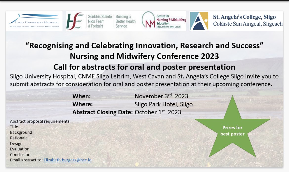 Delighted to announce our nursing and midwifery conference. A great opportunity to showcase work. ⁦@NMPDUNorthWest⁩ ⁦@MauraHeffernan2⁩ ⁦@julianahenry76⁩ ⁦@StAngelasSligo⁩ ⁦@sligeach123⁩ ⁦⁦@donnellymichele⁩ ⁦@RachaelComer3⁩ ⁦