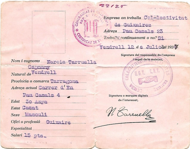 Afiliat al POUM i a la UGT, amb el cop d’estat feixista i l’inici de la revolució proletària, marxava voluntari al front. Posteriorment, va formar part de la Col•lectivitat de Guixaires del #Vendrell, formada per la CNT i la UGT.