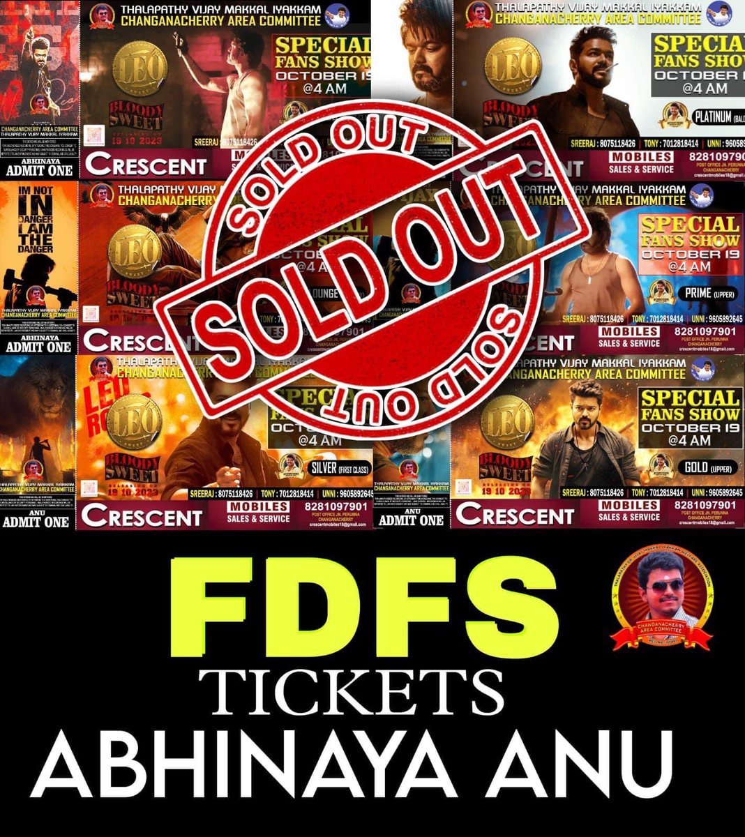 Rockztar_1's tweet photo. #Leo fans show at Changanassery. 

Anu
Abhinaya
Apsara

Anu &amp; Abhinaya is completely soldout. https://t.co/olAxdmhiuF