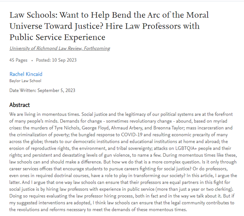 Rachel Kincaid (@racheljkincaid) on Twitter photo Excited to announce my article encouraging hiring law profs w/public service experience (& recounting my path to academia w/o a VAP/PhD & urging schools to look beyond those traditional markers of success) is forthcoming in <a href="/URLawReview/">University of Richmond Law Review</a> Comments welcome! papers.ssrn.com/sol3/papers.cf⌠Excited to announce my article encouraging hiring law profs w/public service experience (& recounting my path to academia w/o a VAP/PhD & urging schools to look beyond those traditional markers of success) is forthcoming in <a href="/URLawReview/">University of Richmond Law Review</a> Comments welcome! papers.ssrn.com/sol3/papers.cfâŚ