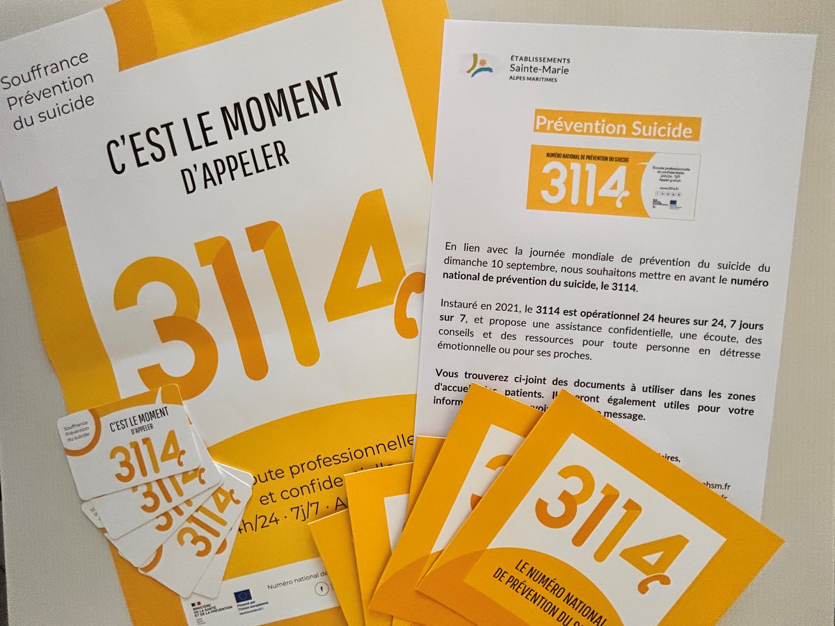 Pour la #JIPS23,  diffusion de supports d'informations du #3114, numéro national de prévention suicide, pour diffuser largement l’information auprès de nos patients et sensibiliser nos professionnels.
Un message qui peut tout changer ! 
<a href="/AHSMtweets/">Association Hospitalière Sainte-Marie</a> <a href="/3114_appel/">𝟯𝟭𝟭𝟰</a> #preventionsuicide