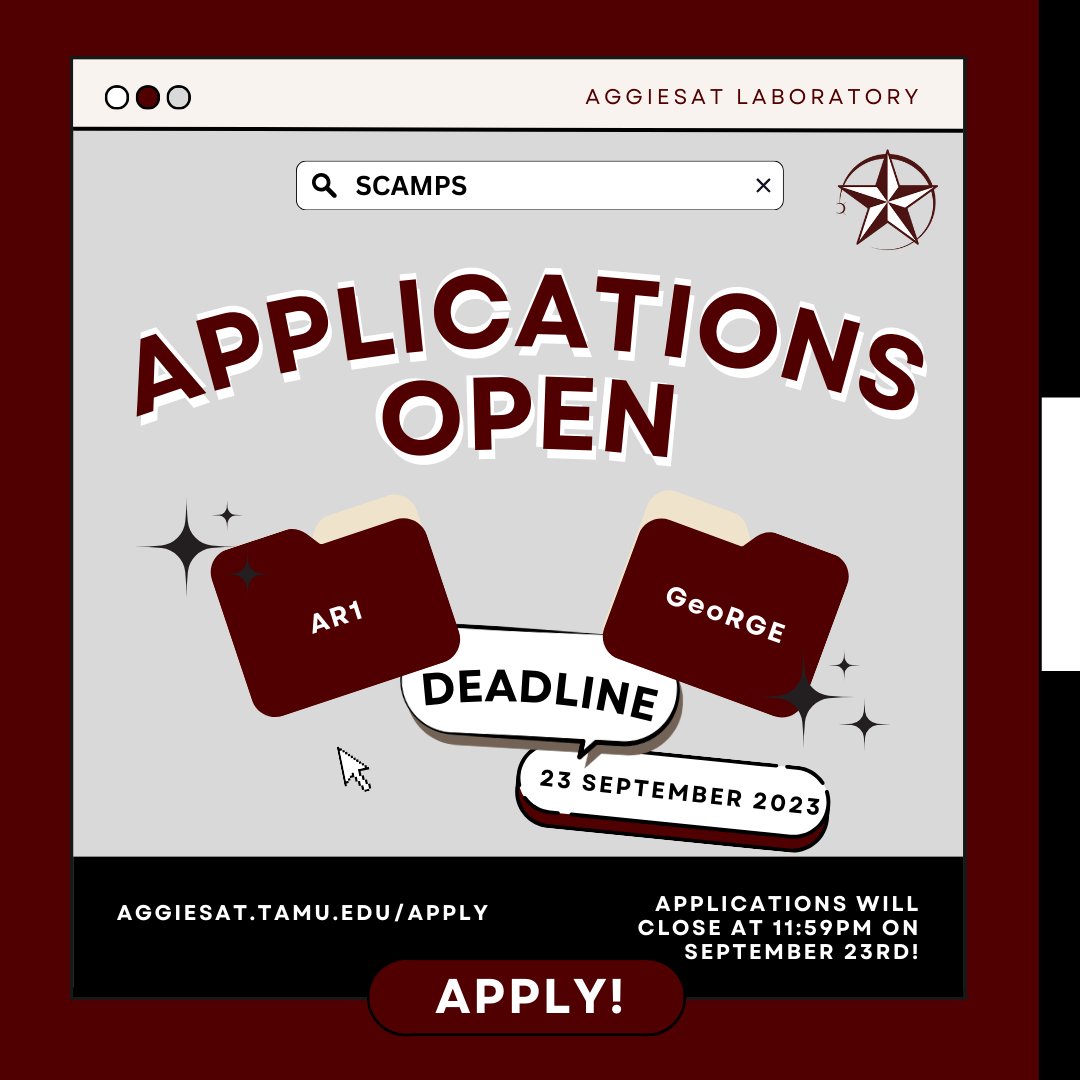 aggiesat's tweet photo. Howdy! Applications are open for teams in the Student Competition for Autonomous Measurement of Planetary Surfaces (SCAMPS)! 
Geographical Radio Guided Exploration (GeoRGE) and AggieRover1 (AR1) are both looking to fill various positions! Go to our website to learn more! https://t.co/PLtl0auUhl