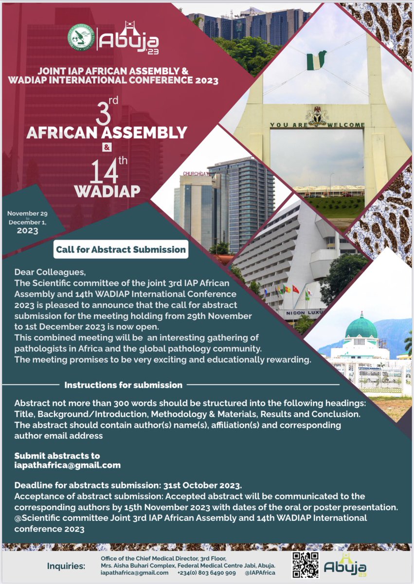 Dear Colleagues,
The Scientific committee of the joint 3rd IAP African Assembly and 14th WADIAP International Conference 2023 is pleased to announce that the call for abstract submission for the meeting holding from 29th November
to 1st December 2023 is now open.