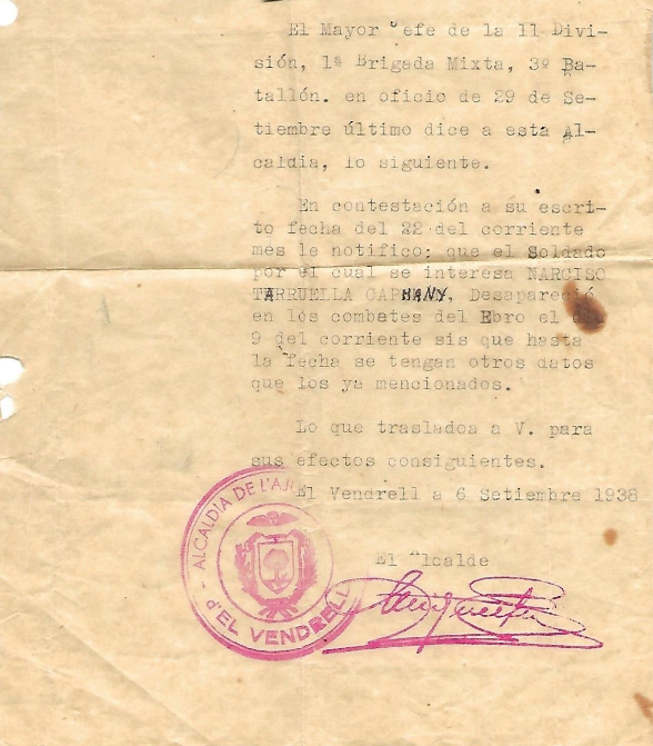 Formant part de la 11a Divisió, 1a Brigada Mixta, 3r Batalló, 2a Companyia, moriria durant la batalla de l’Ebre, sent donat per mort posteriorment. La Maria quedava vídua, amb una filla de 3 anys. Compartiu per tal que no caigui en l'oblit! Honor i glòria! #NoOblidem