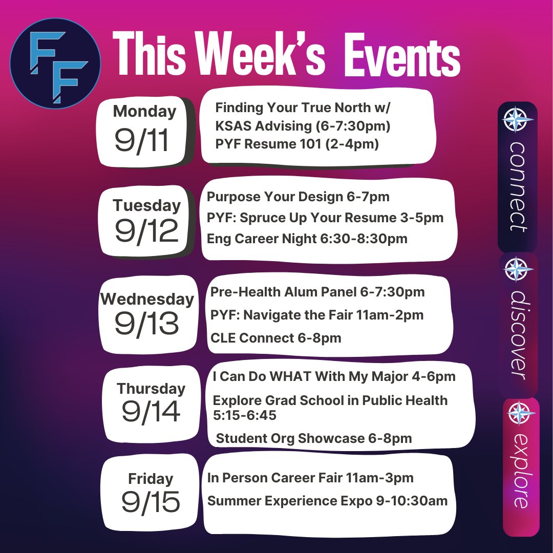 lifedesignjhu's tweet photo. 2 weeks of Future Fest starts TODAY 🎉
Look at all the workshops and events &amp; tell us which one you're going to 👀. Don't forget the in-person career fair this Friday! We expect over <100 employers who are here to talk to YOU. 
Register for any of these at https://t.co/QMCyGMx0wD https://t.co/z5yJj7rFM7