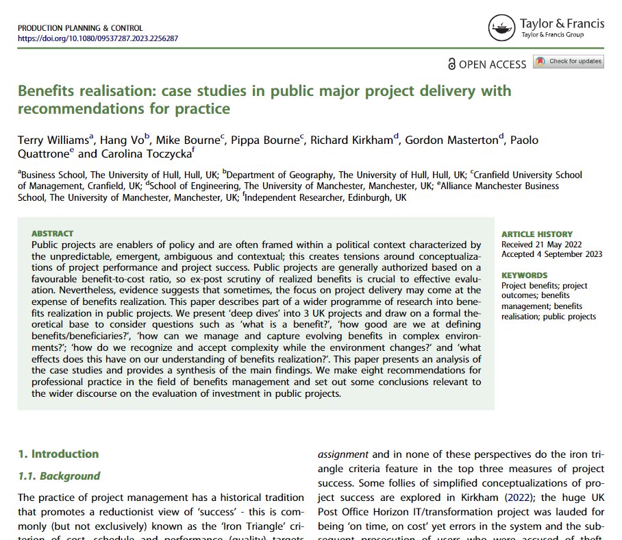 Open access paper from our @PMInstitute funded @IPAProjectX research programme; 'Benefits realisation: case studies in public major project delivery with recommendations for practice' with @hubsonline @cranfieldmngmt @PaoloQuattrone @GordonMasterton tandfonline.com/doi/full/10.10…