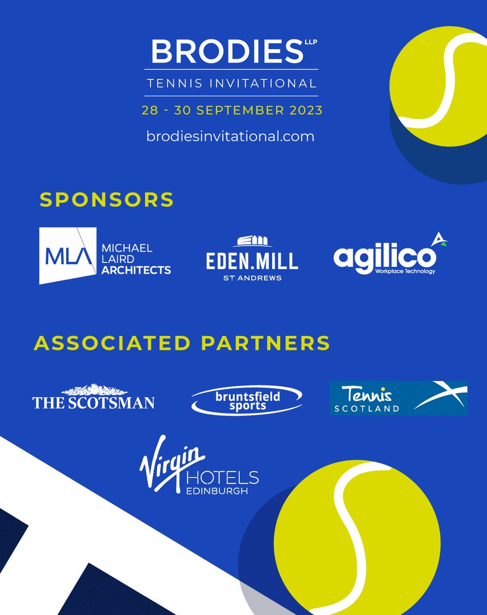 We're delighted to have fantastic sponsors on board for Brodies Tennis Invitational 2023.🎾 Thanks to @MLA_Ltd @EdenMill @teamagilico & associated partners @TheScotsman @BruntsfieldSpts @tennisscotland @virginhotelsedi for their support. Tickets➡️ brodi.es/2HhO7iU #BTI23