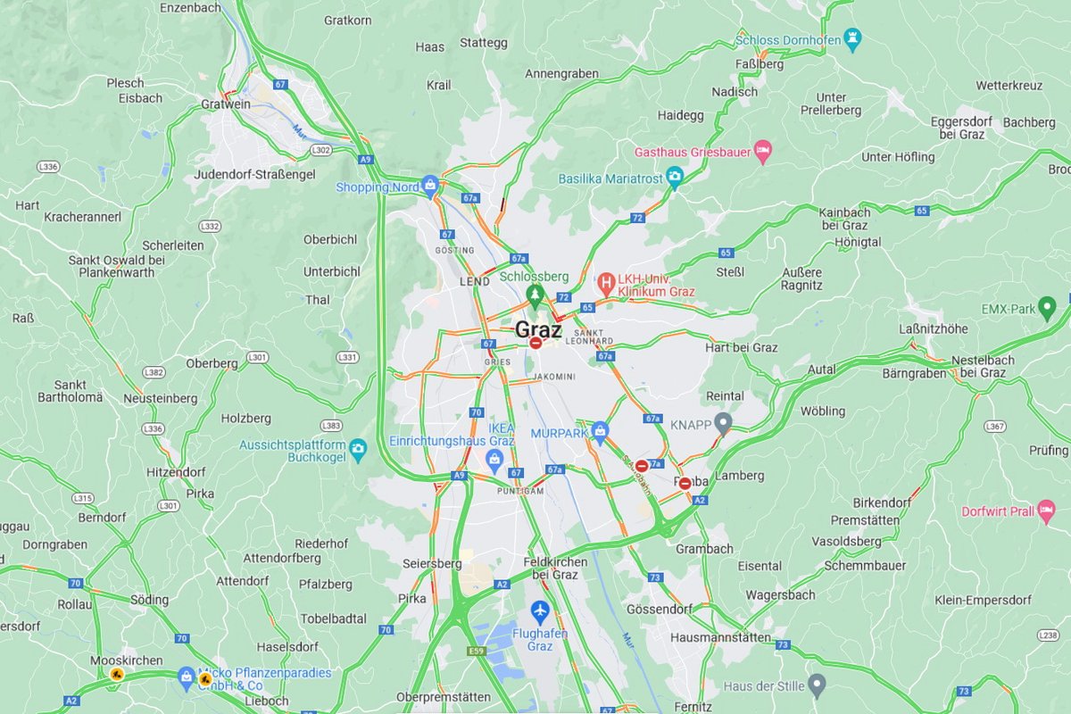 Avtokampi's tweet photo. Isti dan 11.9., ista ura 16.20 primerjava prometa na cestah v okolici mest Ljubljana, Graz, Dunaj in München.  In tako iz dneva v dan karavana stoji ...

@AMZS_si 
@DARS_SI 
@mzi_rs https://t.co/wFSNOIj5bT