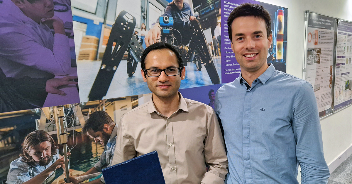Congratulations to soon-to-be Dr Khurram Suleman (pictured left), who recently passed his thesis titled "Mechanics of inflatable membranes and measurement of the yield domain in soft materials."

Khurram is pictured here with proud supervisor Dr Federico Bosi. Congrats, Khurram!