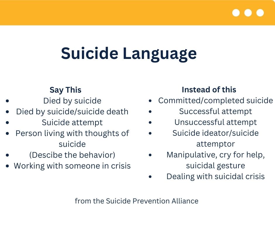 NcAmplified's tweet photo. Our words have power, impact others, and influence society so it is important to use language surrounding suicide that doesn't perpetuate stigma. Here are ways to reframe our language when discussing suicide.#NationalSuicidePreventionWeek https://t.co/BGagoVGV3K
