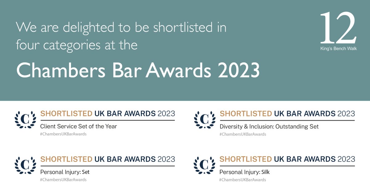 We are delighted to have been shortlisted in four categories at the #ChambersBarAwards 2023!

➡️Personal Injury Set of the Year 

➡️Client Service Set of the Year 

➡️Diversity &amp; Inclusion: Outstanding Set 

➡️<a href="/WilliamAudland/">William Audland</a> KC, Personal Injury Silk of the Year