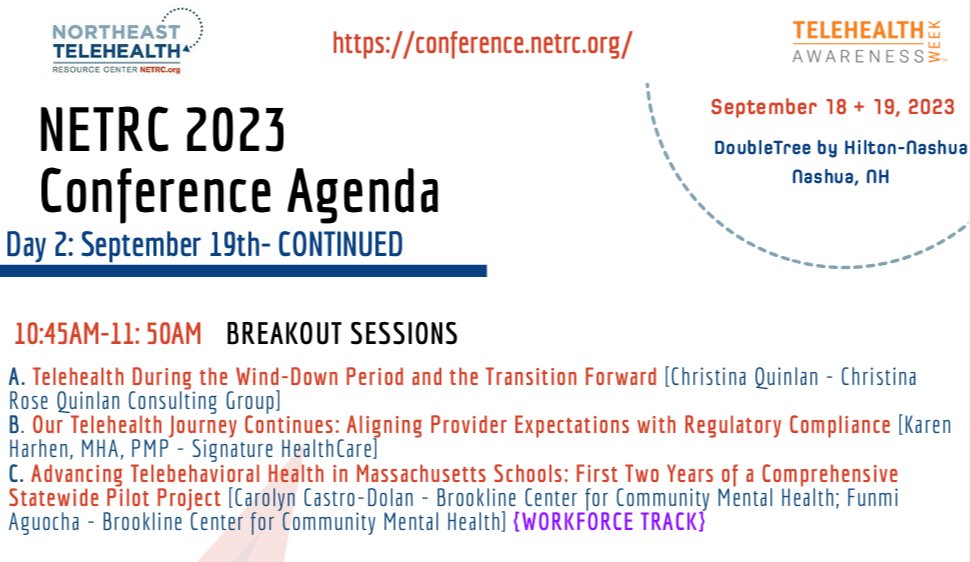 BCirrus's tweet photo. Excited to attended @NortheastTRC's conference next week & support one of our clients, @SignatureHlth, present on #telehealth. @michellehager1 & @teresarincon_rn would love to catch up with anyone also attending!
Agenda:https://t.co/uXATlHz4rI
#NETRC23 #ChartYourCourseForward https://t.co/YYR8N7JRxV