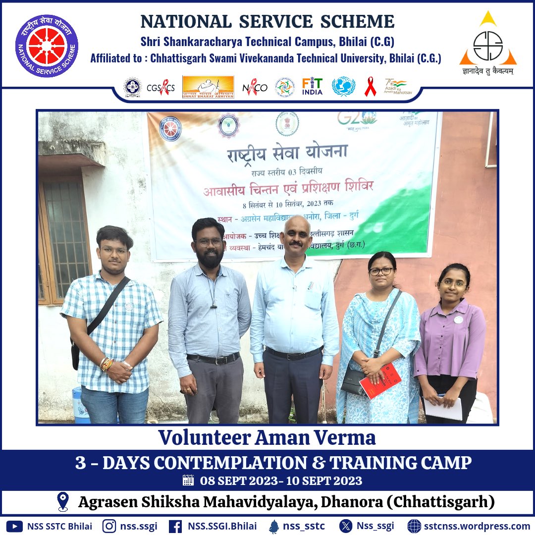 Nss_ssgi's tweet photo. Aman Verma, Volunteer of the @Nss_ssgi participated in the Three Days Contemplation and Training Camp, organised by Hemchand Yadav Vishwavidyalaya, Durg at Agrasen Siksha Mahavidyalaya, Dhanora.

@_NSSIndia 
@YASMinistry 
@NSSRDBhopal
@NssChhattisgarh
@nsscsvtuCG https://t.co/0exClTE52I