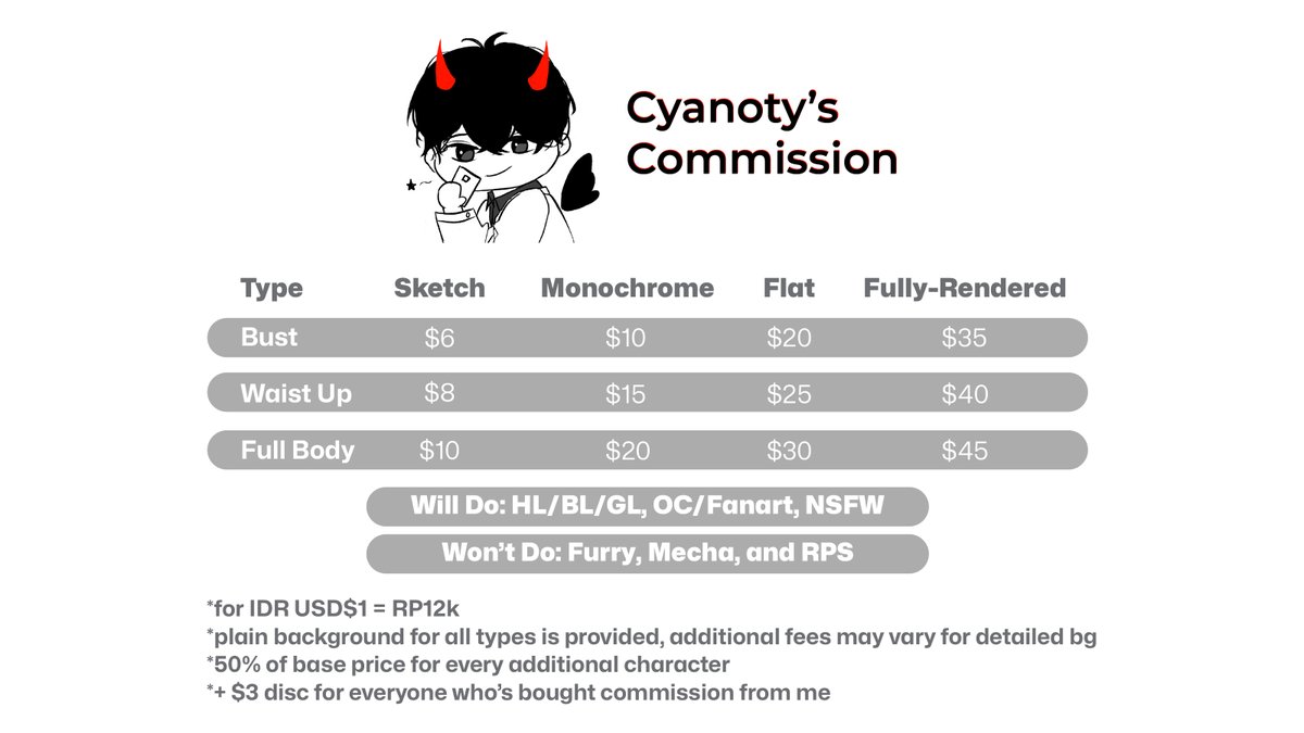 cyanoty's tweet photo. (Please help RT 🙏)
Hello, I'm opening urgent c0mmission (slots undecided) as I need to help my father who's suffered from stroke, for now i really need to cover for his mobility needs. Prices are lowered from normal and i accept sketches now 😊
(1/2) https://t.co/dInzxulMRE