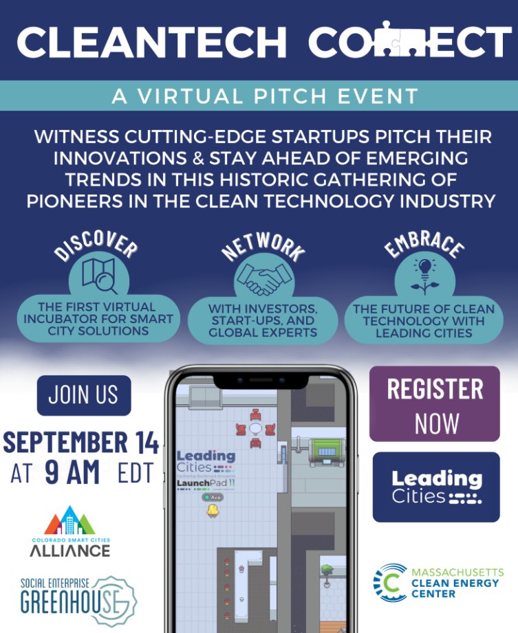 MassCEC's tweet photo. Join @LeadingCities on September 14th for their #CleanTechConnect event! This virtual event unites global cleantech leaders, igniting discussions on cutting-edge solutions and emerging trends. Register now & be a part of the clean tech revolution: https://t.co/QdizxFfHUI https://t.co/D6OEei6uuK