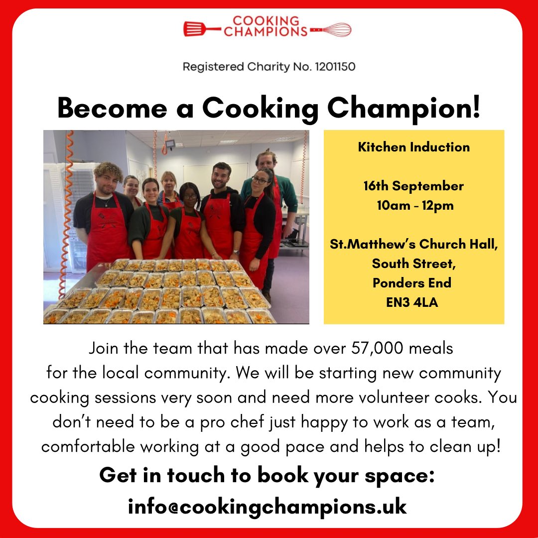 cookingchamps's tweet photo. Become a Cooking Champion!
We are recruiting more volunteer cooks. Interested? Sign up to our induction this Saturday (16 years +).
Email for more information
Info@cookingchampions.uk
#communitykitchen
#communitycooks #pondersend #enfield https://t.co/7pfrZsQM84
