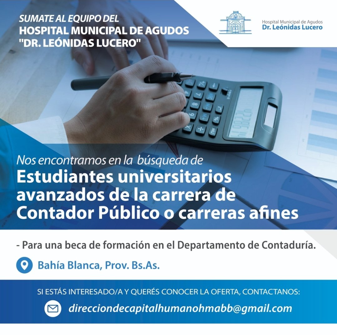 🔵Sumate al equipo del Hospital Municipal
➡️Buscamos estudiantes universitarios avanzados de la carrera de contador público o carreras afines
📝Toda la información en el afiche