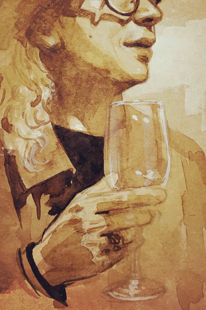 「ワイングラスや手、こういうところを描くのが楽しいよ!茶色い紙に。 」|ganpukuのイラスト