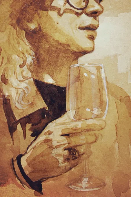 ワイングラスや手、こういうところを描くのが楽しいよ!茶色い紙に。 