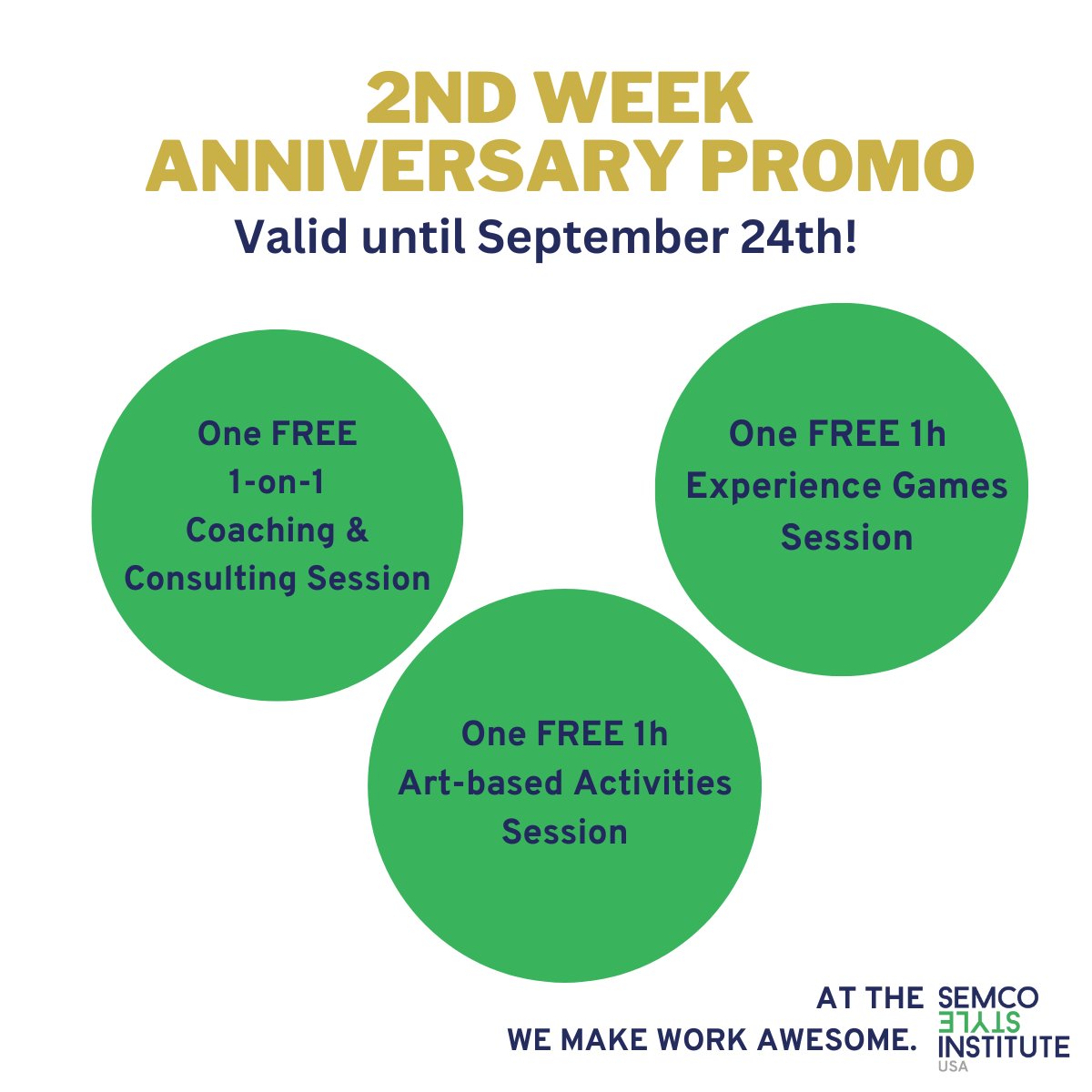 SemcoStyleUSA's tweet photo. 𝐈𝐭'𝐬 𝐰𝐞𝐞𝐤 2 𝐨𝐟 𝐨𝐮𝐫 𝐚𝐧𝐧𝐢𝐯𝐞𝐫𝐬𝐚𝐫𝐲 𝐦𝐨𝐧𝐭𝐡🎉 and we're offering 3 free consulting &amp; coaching services!

Let's chat at https://t.co/5Lyv95boEF
OR message hello@semcostyle.us

𝐀𝐜𝐭 𝐟𝐚𝐬𝐭! 𝐎𝐟𝐟𝐞𝐫 𝐞𝐧𝐝𝐬 𝐒𝐞𝐩 24𝐭𝐡! https://t.co/OxC8hGLUK7