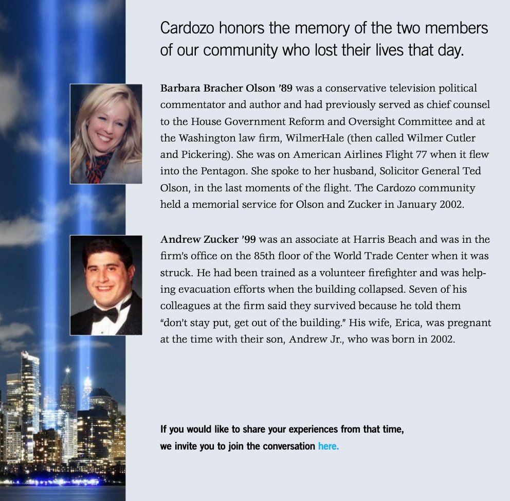 On this day, Cardozo remembers those who lost their lives in the terrorist attacks of 9/11, including two members of our Cardozo community. #NeverForget brnw.ch/21wCt6U