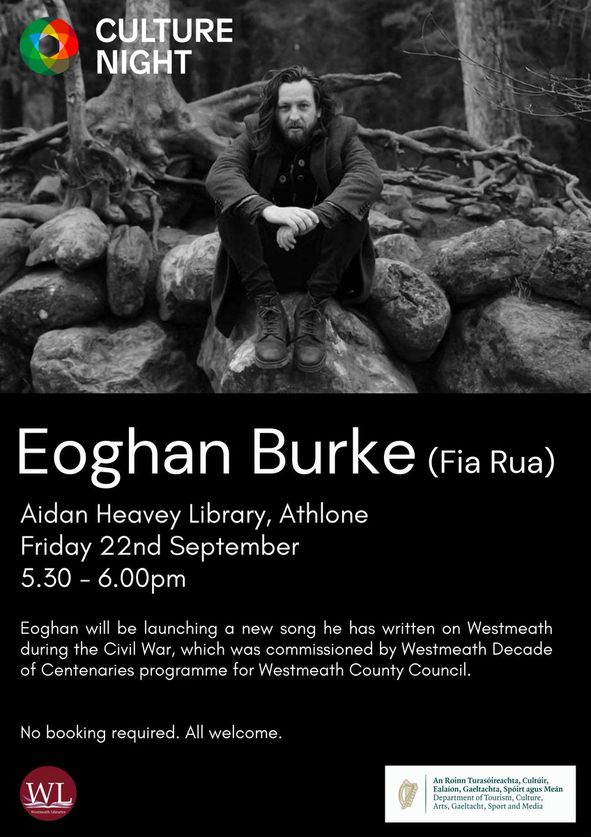 The Aidan Heavey Library #Athlone is delighted to host performances by <a href="/FiaRua/">Eoghan Burke (AKA Fia Rua)</a> at 5.30pm and Athlone A Cappella at 6pm for #CultureNight2023, Friday 22nd September. All welcome. 

#OneNightForAll #OícheDárSaol