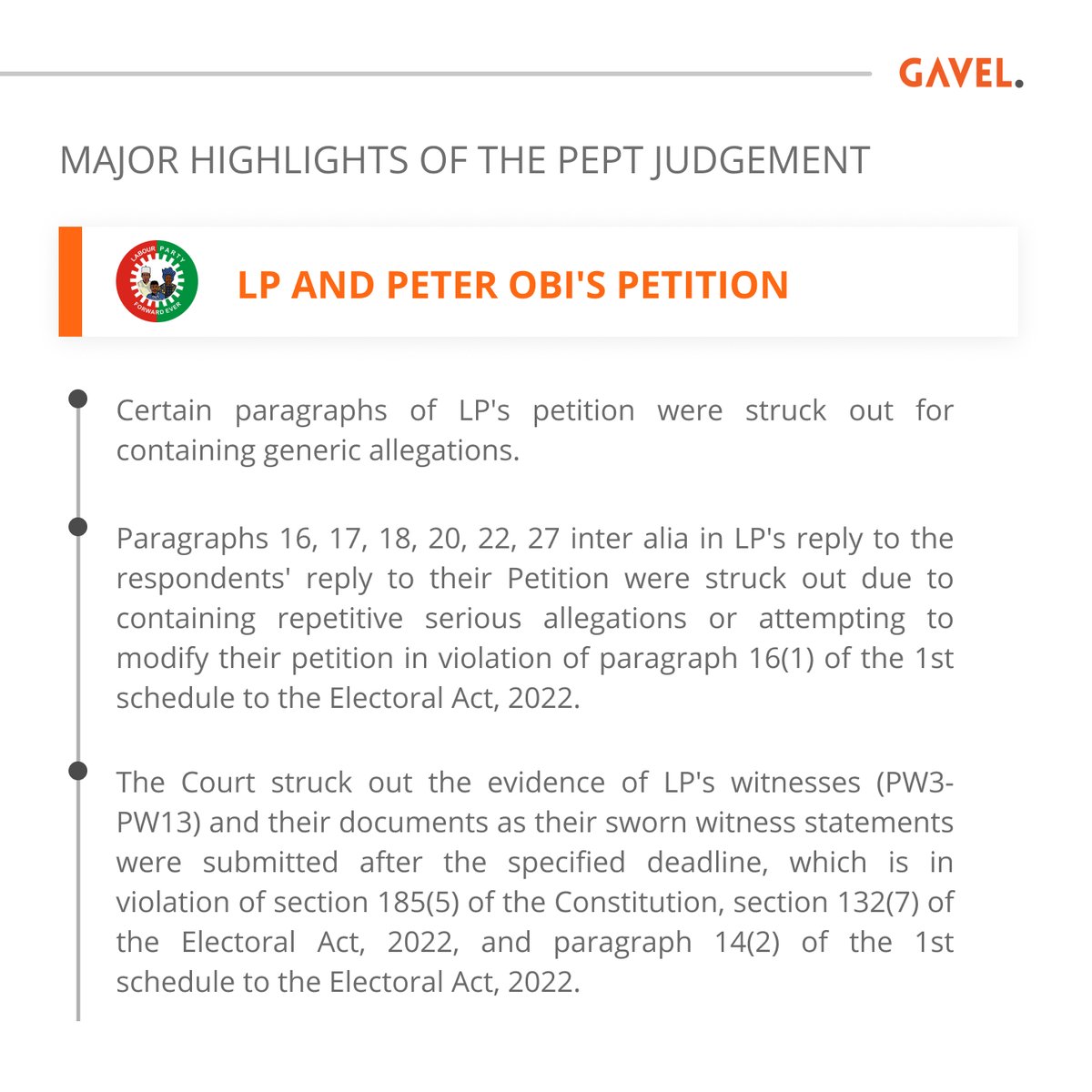 citizen_gavel's tweet photo. In case you missed it, the PEPT Judges passed their judgment a few days ago. 

Here are major takeaways from the judgment on LP and Peter Obi's petition.
#PEPTJudgment #PEPTVerdict #PEPT https://t.co/kRyNmJwj7l