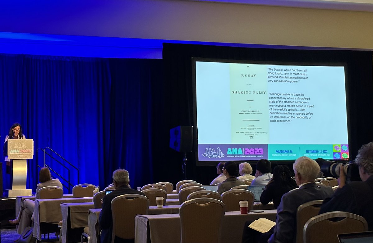 In opening her lecture, “Early Changes in α-Synuclein Membrane-Binding in the Central and Enteric Nervous System in Parkinson’s Disease,” Emerging Scholar Speaker Virginia Gao, MD, PhD cites James Parkinson, who articulated a connection between the brain and stomach. #ANA2023