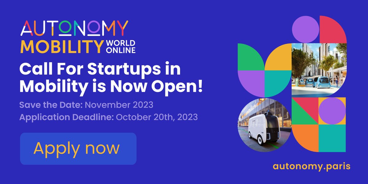 🚨 Apply for the call for startups of @AUTONOMY Mobility World Online 2023. Selected startups will win the chance to present their company in front of 1000+ Mobility experts! Date: Nov 22-23, 2023 Application deadline: Oct 20th, 2023 Register here ➡️ bit.ly/3Py1MZf