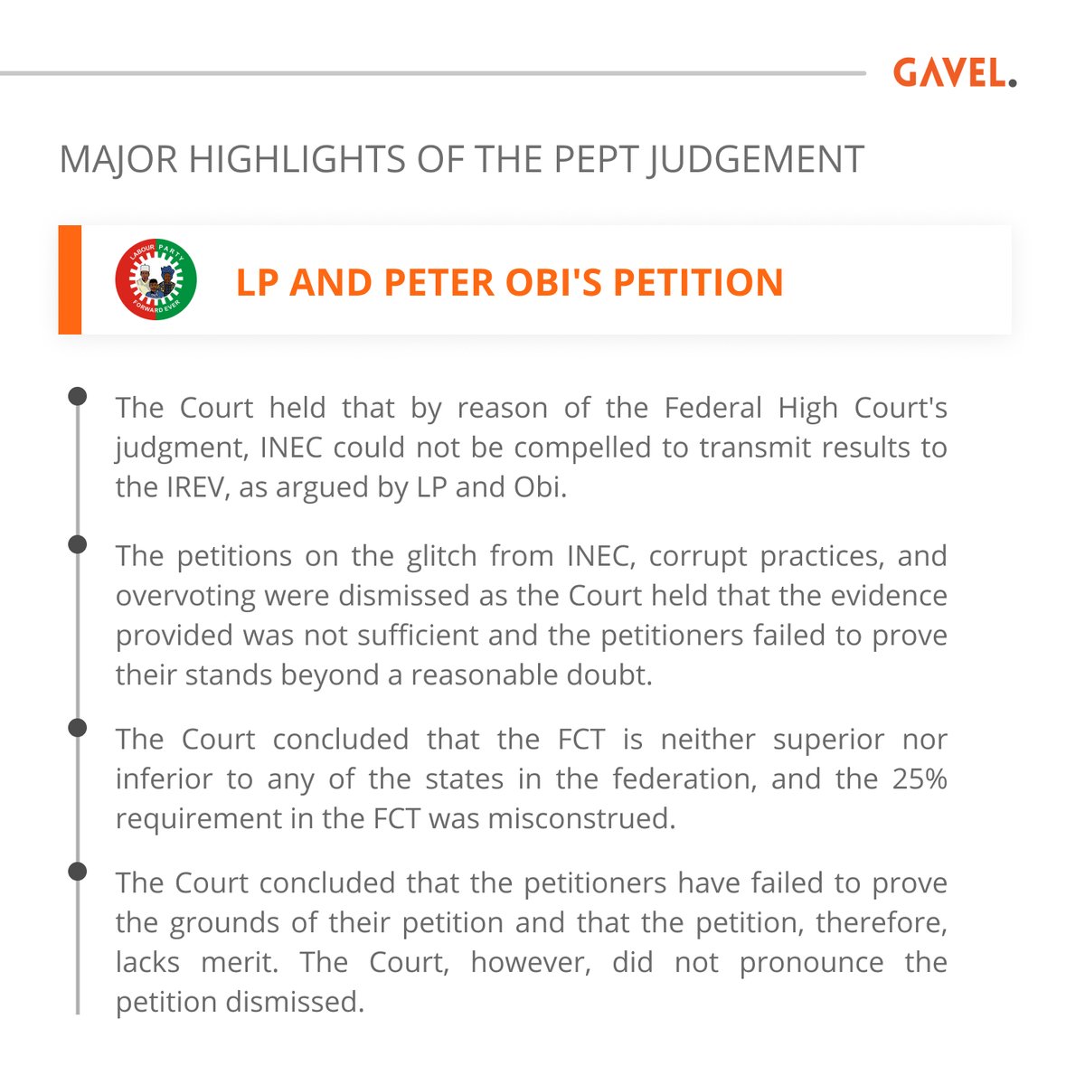 citizen_gavel's tweet photo. In case you missed it, the PEPT Judges passed their judgment a few days ago. 

Here are major takeaways from the judgment on LP and Peter Obi's petition.
#PEPTJudgment #PEPTVerdict #PEPT https://t.co/kRyNmJwj7l