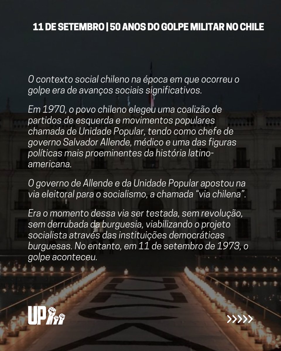 UP80BR's tweet photo. 11 DE SETEMBRO | 50 ANOS DO GOLPE MILITAR NO CHILE

 No dia 11 de setembro de 2023, se completam 50 anos do golpe de estado no Chile, liderado por Augusto Pinochet e sua camarilha fascista. A ditadura sanguinária que se seguiu foi um dos episódios mais obscuros👇🏿 https://t.co/57lUJdnyKi