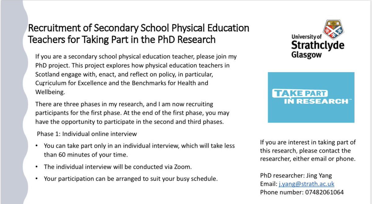 Call for 🏴󠁧󠁢󠁳󠁣󠁴󠁿 secondary school PE teachers to take part in my PhD research project. If you are a PE teacher, welcome to join the individual interview to discuss the Curriculum for Excellence. 🏴󠁧󠁢󠁳󠁣󠁴󠁿🏴󠁧󠁢󠁳󠁣󠁴󠁿🏴󠁧󠁢󠁳󠁣󠁴󠁿