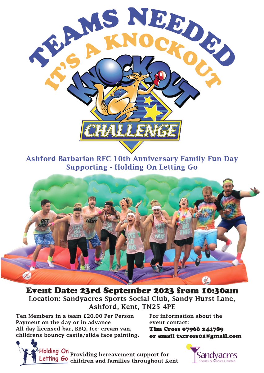 HoldingOnLettingGo (@holgkent) on Twitter photo There's still time to get a team together!
ABRFC are holding an It's A Knockout event to celebrate their 10th anniversary this year and it's all in support of HOLG!
Sign up your team of 10!
⭐️Sat 23rd Sept
⭐️10.30am
⭐️£20pp
⭐️txcross01@gmail.com to book There's still time to get a team together!
ABRFC are holding an It's A Knockout event to celebrate their 10th anniversary this year and it's all in support of HOLG!
Sign up your team of 10!
⭐️Sat 23rd Sept
⭐️10.30am
⭐️£20pp
⭐️txcross01@gmail.com to book