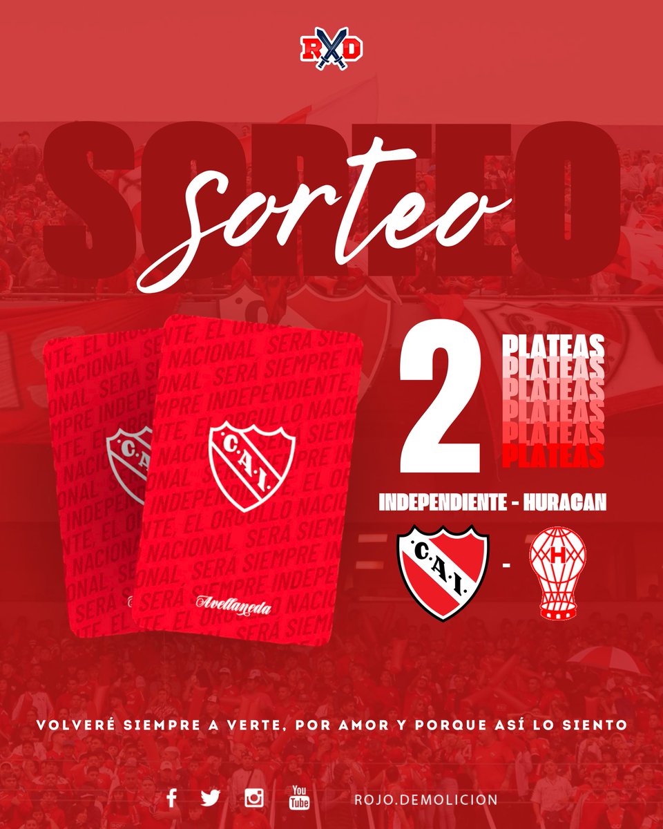 SORTEO 🇦🇹

👉🏼 Te queres ganar 2 (Dos) plateas para ir a ver #Independiente - Huracán? 👹🔥

• Seguirnos
• Darle Like y RT al tweet

LISTO ✔️ 

Para tener doble chances de ganar, podes participar en nuestro Instagram (rojo.demolicion) ✔️

Se sortea el Mie 13, mucha suerte 🍀