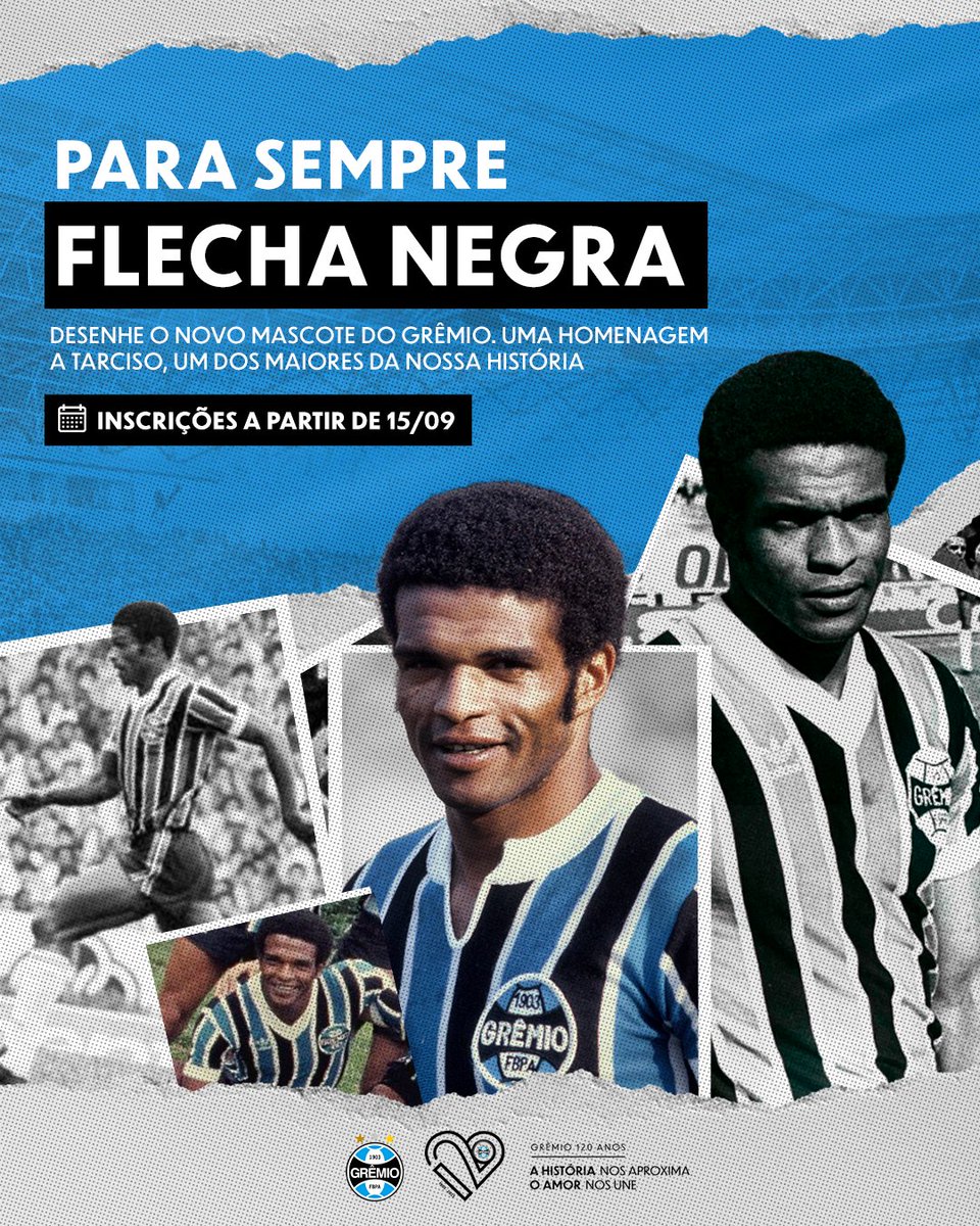 Gremio's tweet photo. FLECHA NEGRA 🏹🇪🇪 15/9 é data especial para os gremistas. Aniversário do Tricolor, nascimento de Tarciso e, neste ano, lançamento do Concurso Cultural do nosso NOVO MASCOTE. E a criação, que homenageia este ídolo Imortal, pode ser tua! 

➡️Inscrições e regulamento na sexta-feira! https://t.co/OppxhR2tsD