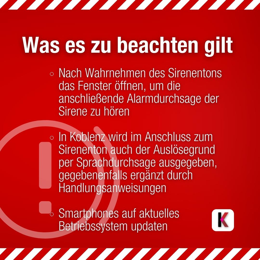 FWKoblenz's tweet photo. Das heißt: Nicht nur die bisher installierten Hochleistungssirenen samt Lautsprechern werden getestet, auch #Warnapps wie #NINA und #Katwarn, die automatischen Cell Broadcast-Meldungen auf Handys und Smartphones und unsere Social-Media-Kanäle kommen zum Einsatz. 📱💻 (2/4) https://t.co/38rZsMd0NK