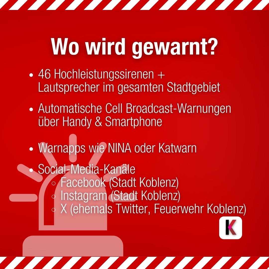 FWKoblenz's tweet photo. Das heißt: Nicht nur die bisher installierten Hochleistungssirenen samt Lautsprechern werden getestet, auch #Warnapps wie #NINA und #Katwarn, die automatischen Cell Broadcast-Meldungen auf Handys und Smartphones und unsere Social-Media-Kanäle kommen zum Einsatz. 📱💻 (2/4) https://t.co/38rZsMd0NK