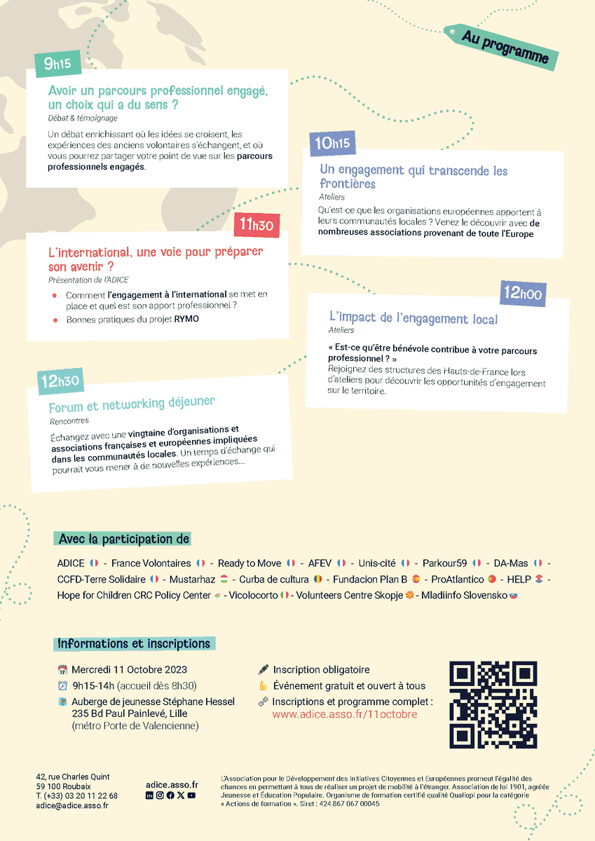 Ça y est ! Les inscriptions pour l'événement du 11 octobre sont ouvertes ! 🎉

Découvrez dès à présent le programme de la matinée et les organisations présentes !

Programme complet et inscriptions
🔗 adice.asso.fr/11octobre