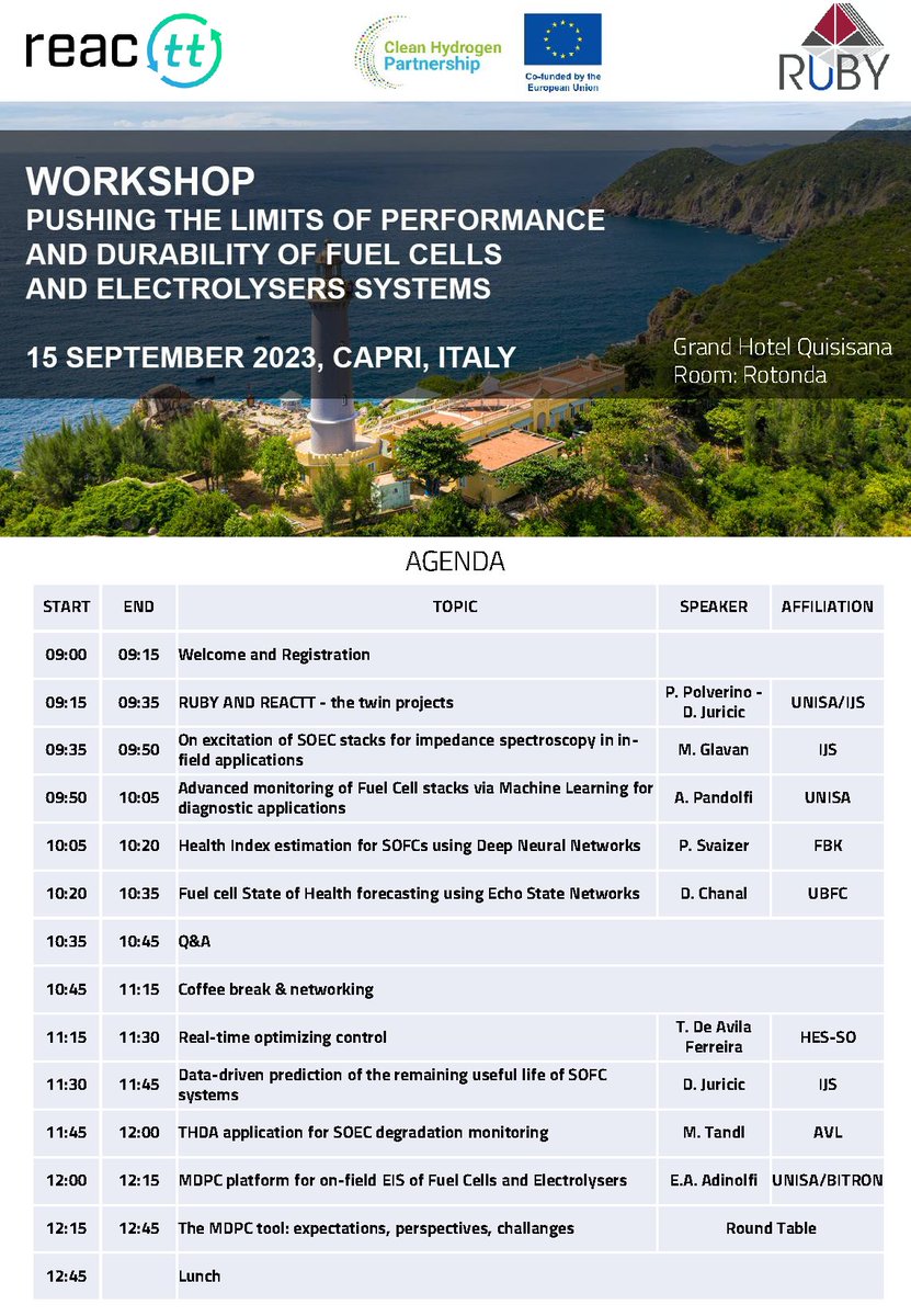 Join us at the <a href="/RUBYprojectEU/">RUBY Project</a> <a href="/REACTTProject/">REACTT-PROJECT</a> #Workshop "Pushing the limits of performance and durability of #fuelcells and #electrolysers systems" 
Here the definitive #agenda.