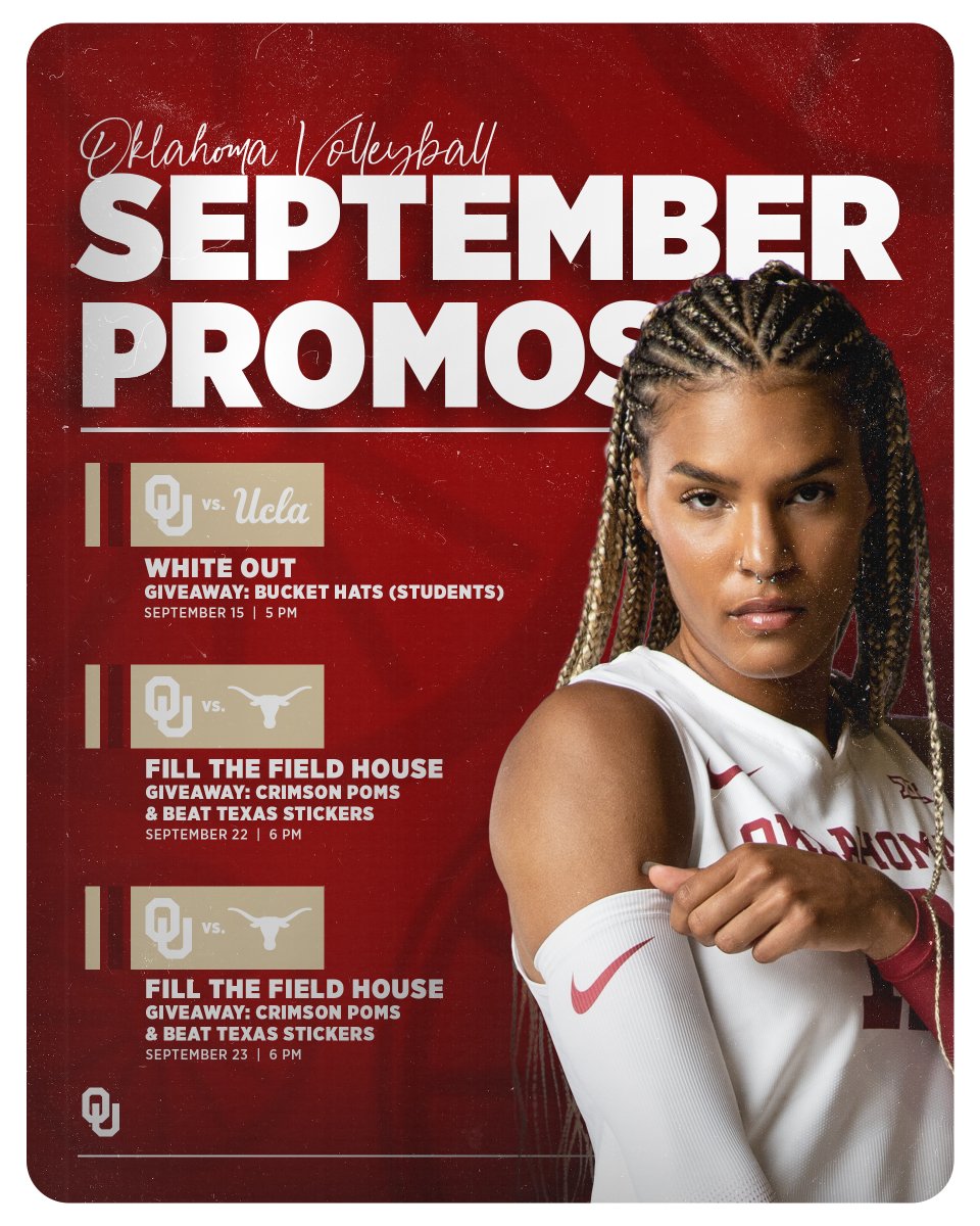The #Sooners are finally at home and we need 𝗬𝗢𝗨 to bring the energy to McCasland Field House🔋

Sept. 15 - 𝗪𝗵𝗶𝘁𝗲 𝗼𝘂𝘁 McCasland
Sept. 22 &amp; 23 - 𝗙𝗶𝗹𝗹 the Field House

🎟 | bit.ly/OUVBTickets