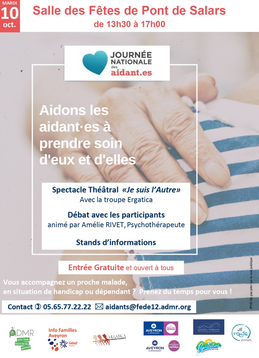 Vous accompagnez un proche malade, en situation de handicap ou dépendant? Prenez du temps pour vous !!!
Rendez-vous le mardi 10 octobre 2023 à la Salle des Fêtes de Pont de Salars! N'hésitez à en parler autour de vous. Evènement organisé en partenariat avec Udaf De l'Aveyron.